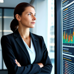 A focused business management consultant, a professional adult woman, dressed in a modest, elegant dark business suit, fully clothed, appropriate attire. She stands in a modern, sunlit corporate office, looking thoughtfully at a holographic display showing complex but abstract business analytics and financial charts. In the background, a sleek bookshelf filled with professional management and technology books is visible. Professional studio lighting, clear, sharp focus, vibrant. Professional photography, hyper-realistic, perfect anatomy, correct proportions, natural pose, well-formed hands, proper finger count, natural body proportions, high quality, safe for work, appropriate content, fully clothed, professional, modest, family-friendly.