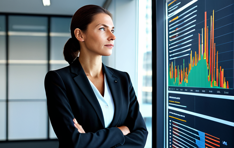 A focused business management consultant, a professional adult woman, dressed in a modest, elegant dark business suit, fully clothed, appropriate attire. She stands in a modern, sunlit corporate office, looking thoughtfully at a holographic display showing complex but abstract business analytics and financial charts. In the background, a sleek bookshelf filled with professional management and technology books is visible. Professional studio lighting, clear, sharp focus, vibrant. Professional photography, hyper-realistic, perfect anatomy, correct proportions, natural pose, well-formed hands, proper finger count, natural body proportions, high quality, safe for work, appropriate content, fully clothed, professional, modest, family-friendly.